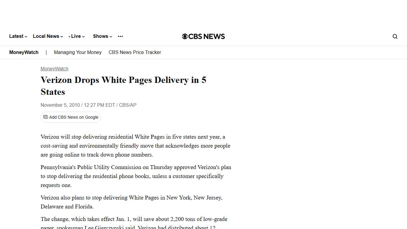 Verizon Drops White Pages Delivery in 5 States - CBS News